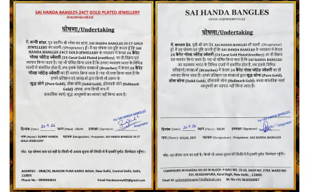 SAI HANDA BANGLES का घोषणा पत्र: प्रतिष्ठानों पर सिर्फ 24 कैरेट गोल्ड प्लेटेड ज्वेलरी बेचने का दावा